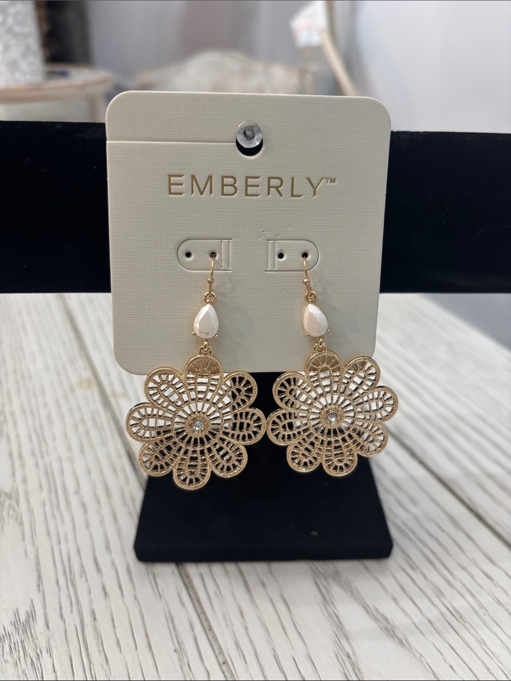 Emberly Gold Floral Lace Drop Earrings with White Teardrop Accent